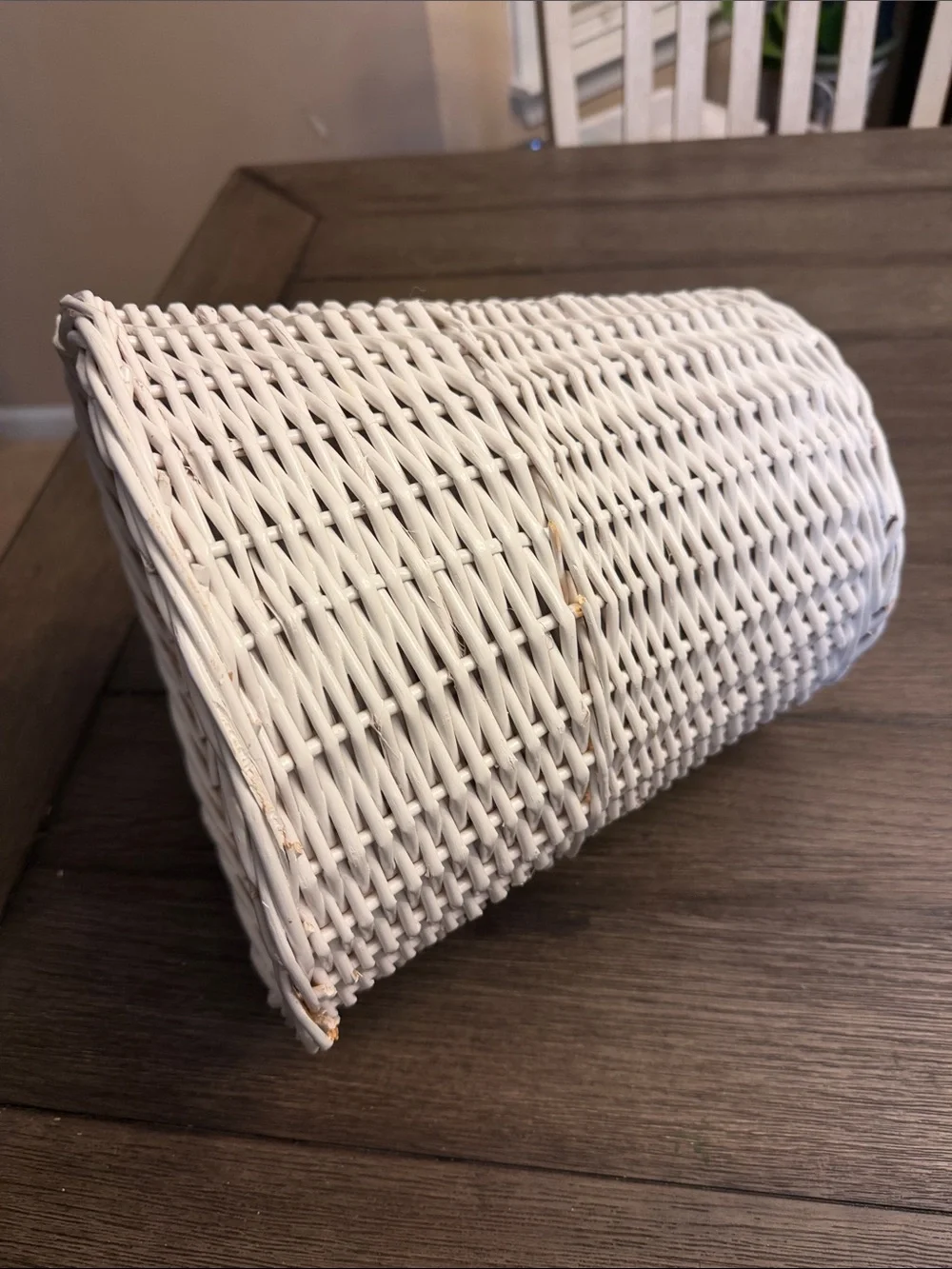 Vintage BOHO Cottage White Wicker Woven Beach Trash Basket / Wastebasket